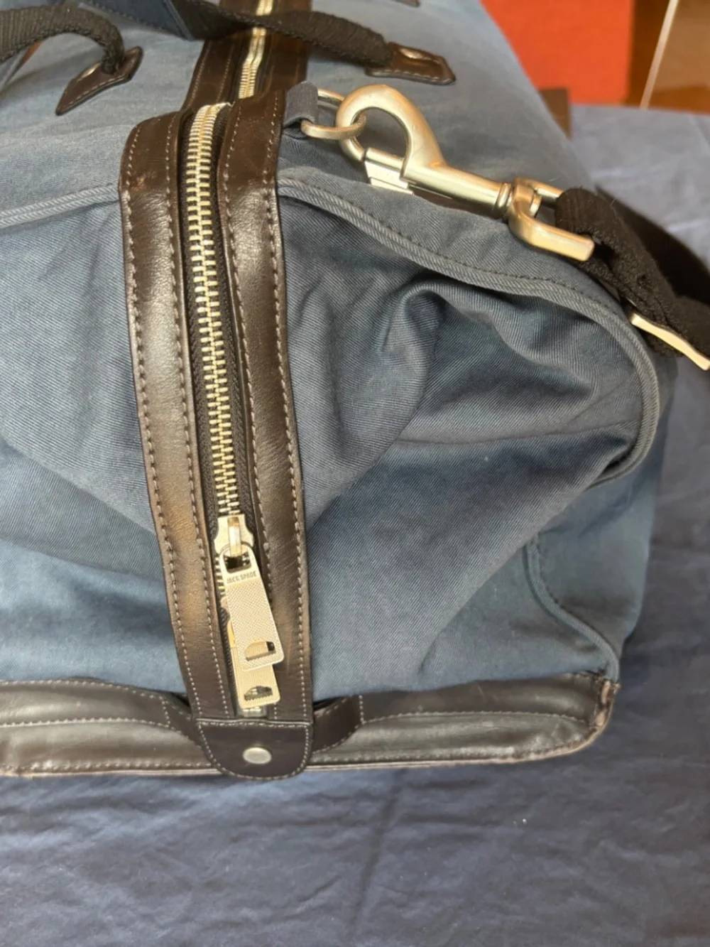 J Crew Warren Street Weekender Duffle Bag. Navy Canvas with Brown leather base